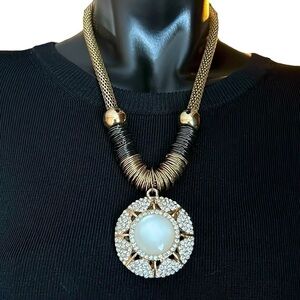 Rhinestone Sparkle Statement Pendant Necklace in Gold Tone with Black Accents